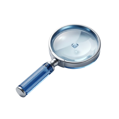 Blue crystal magnifying glass inspecting a small detail, representing attention to detail