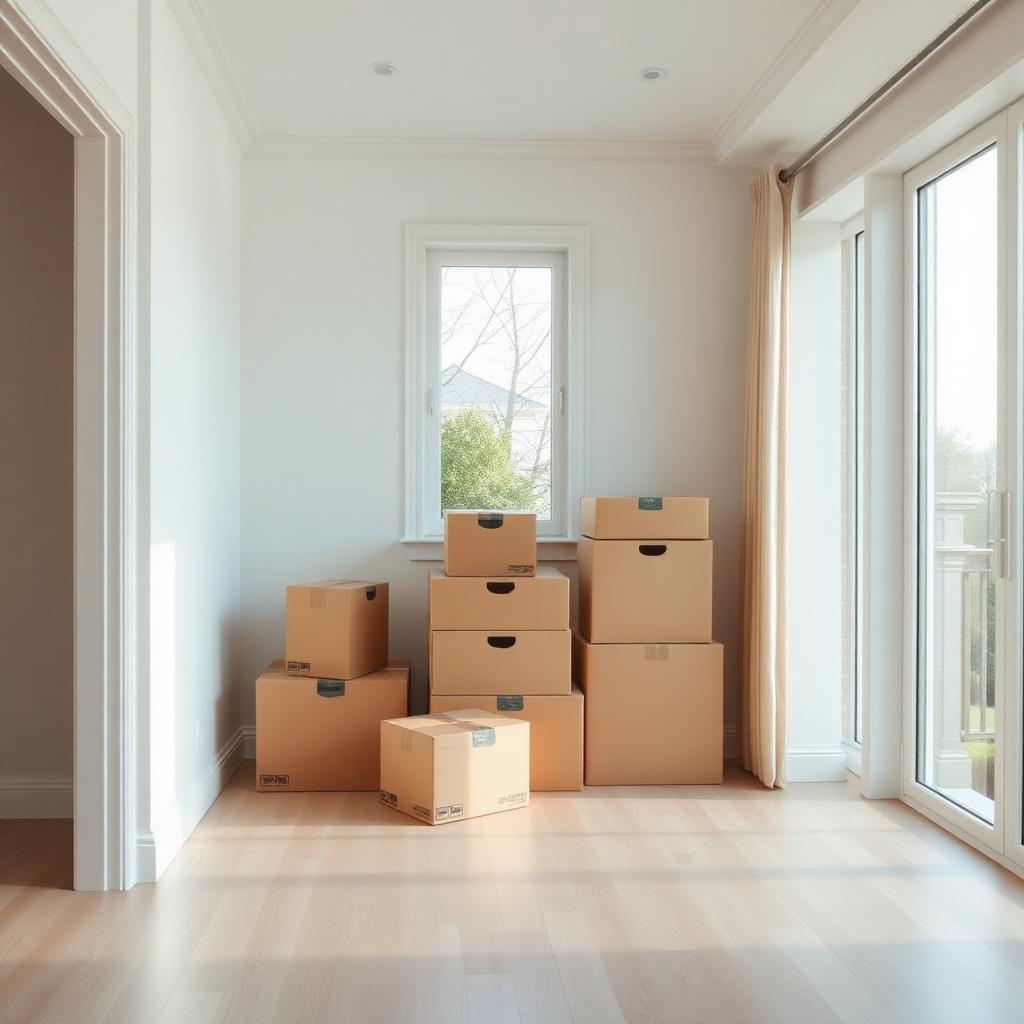 Bright airy empty home interior with a few neatly stacked moving boxes