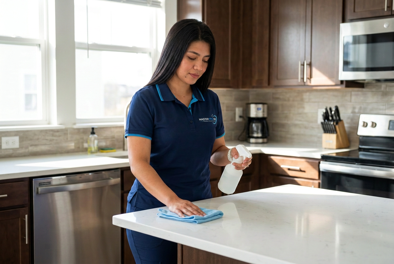 Marian of Master Pro 360 deep cleaning a white kitchen island with a cloth