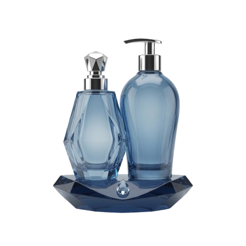 Two elegant crystal cleaning product bottles on a navy crystal base